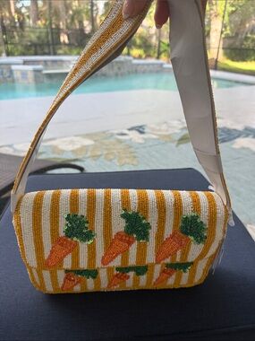 Striped Beaded Mini Shoulder Bag with Carrot Motif - Yellow & White